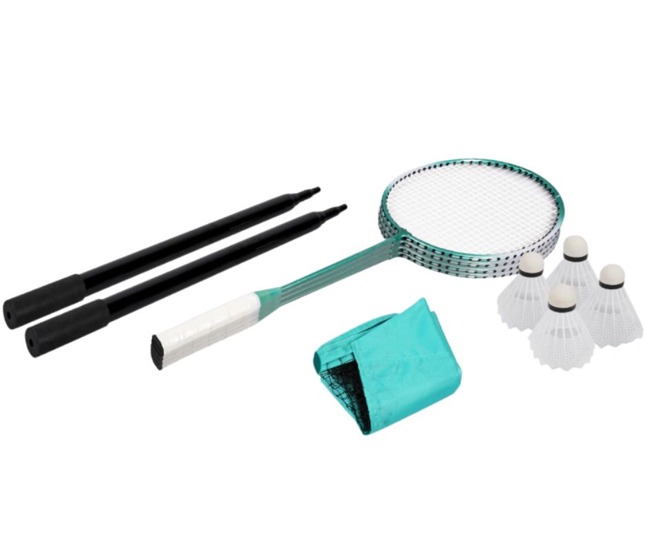Badminton stakes, rackets, folded net, and shuttlecocks 