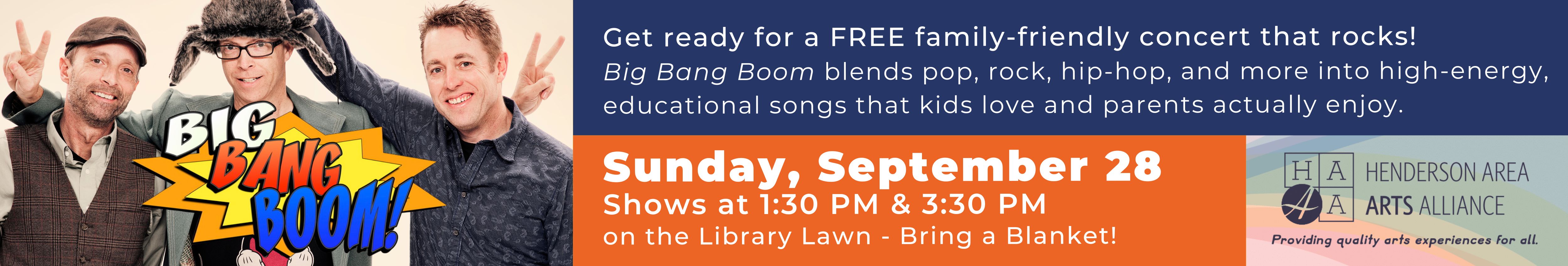 Big Bang Boom is a children's band that will be at the library outside on Sunday, September 28th with shows at both 1:30 & 3:30 PM