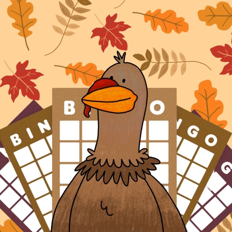 Turkey with bingo cards as feathers