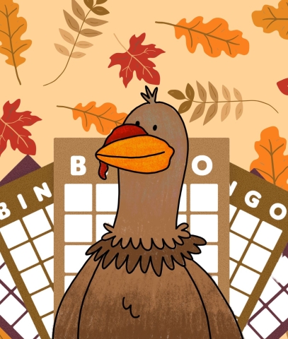 Turkey with bingo cards as feathers
