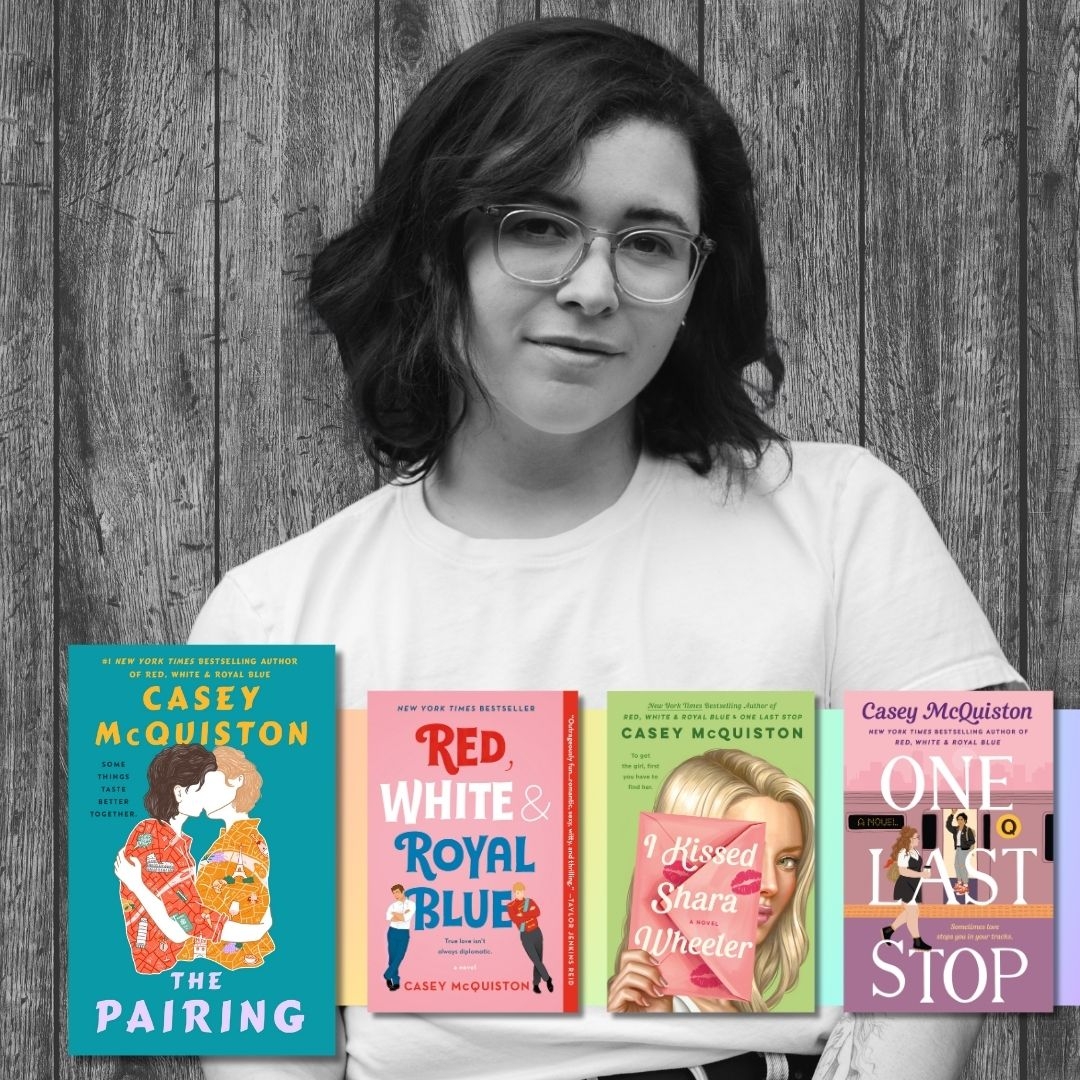 Photo of Casey McQuiston with her books