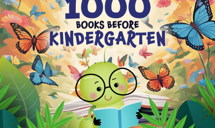 1,000 Books Before Kindergarten graphic button depicting a caterpillar reading with butterflies in the air