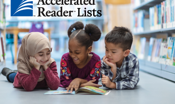 Accelerated Reader image showing three small children reading on the floor of the library